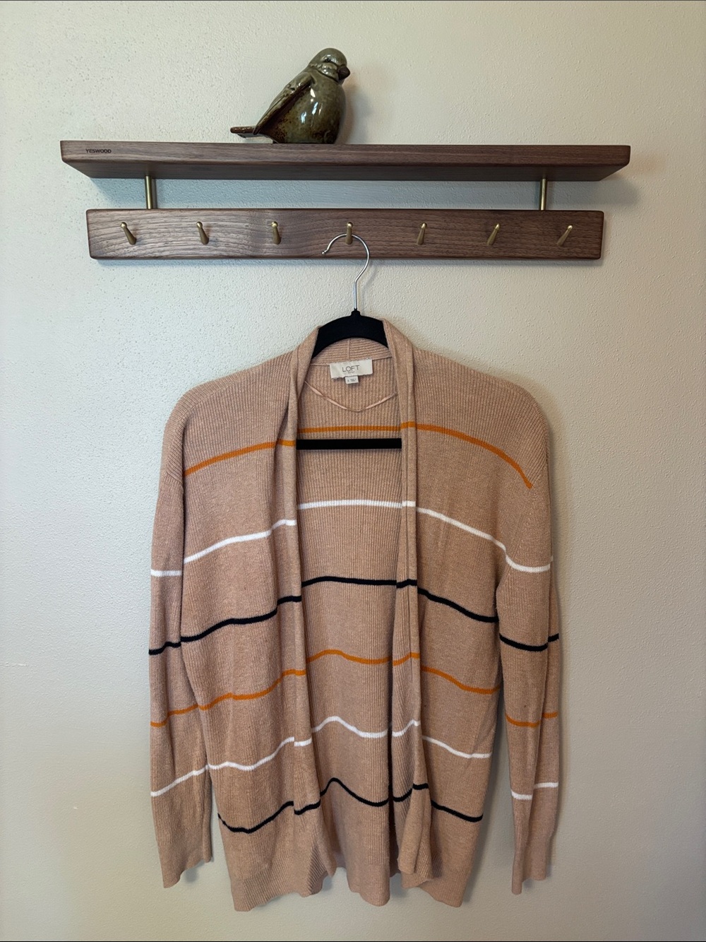 LOFT Beige Striped Open Cardigan with Mustard and Black Accents
